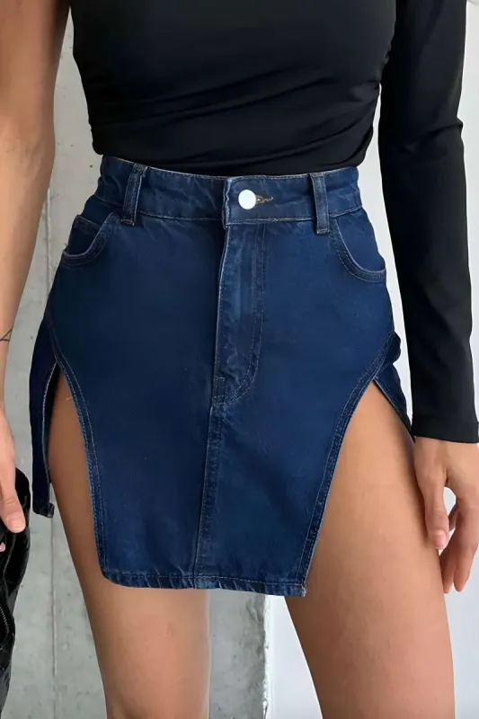 Solid Slit Mini Denim Skirt sold by Micas