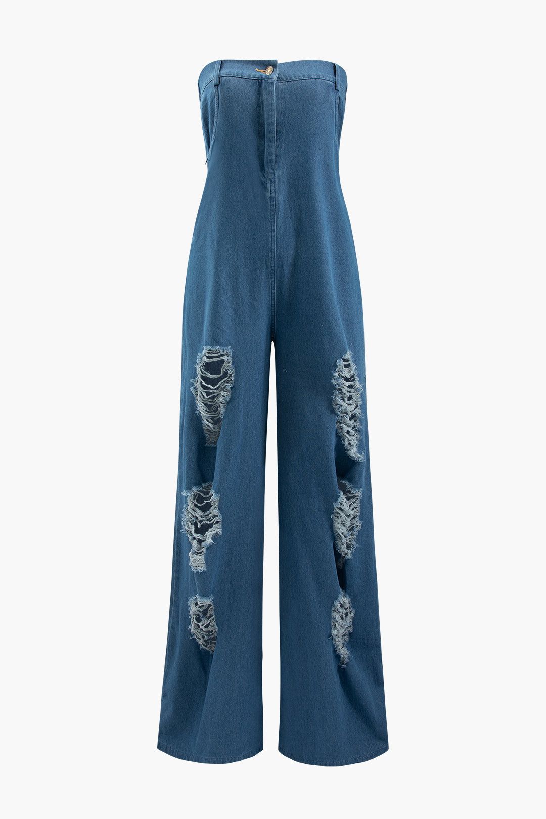 Destroyed Denim Strapless Jumpsuit sold by Micas