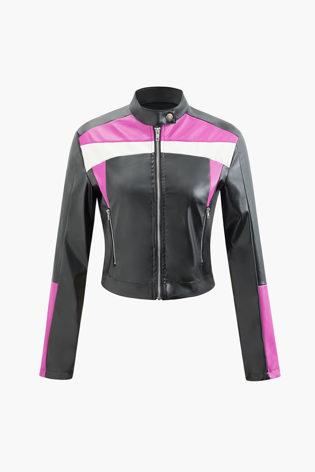 Contrast Faux Leather Stand Collar Zipper Jacket sold by Micas