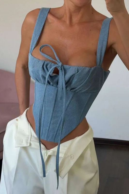 Solid Denim Tie Front Corset Crop Top sold by Micas