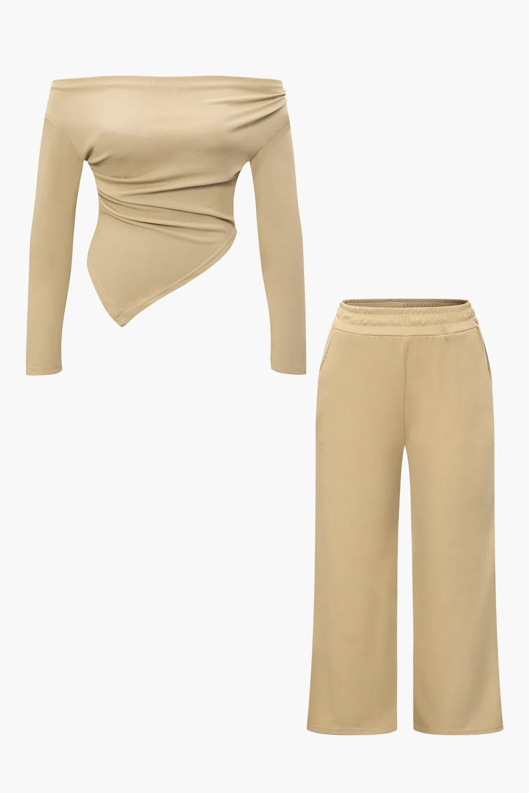 Plus størrelse solid asymmetrisk off-skulder buksesæt sold by Micas