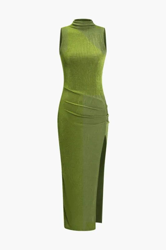 Solid Ruched ærmeløs spalte maxi kjole made by Micas