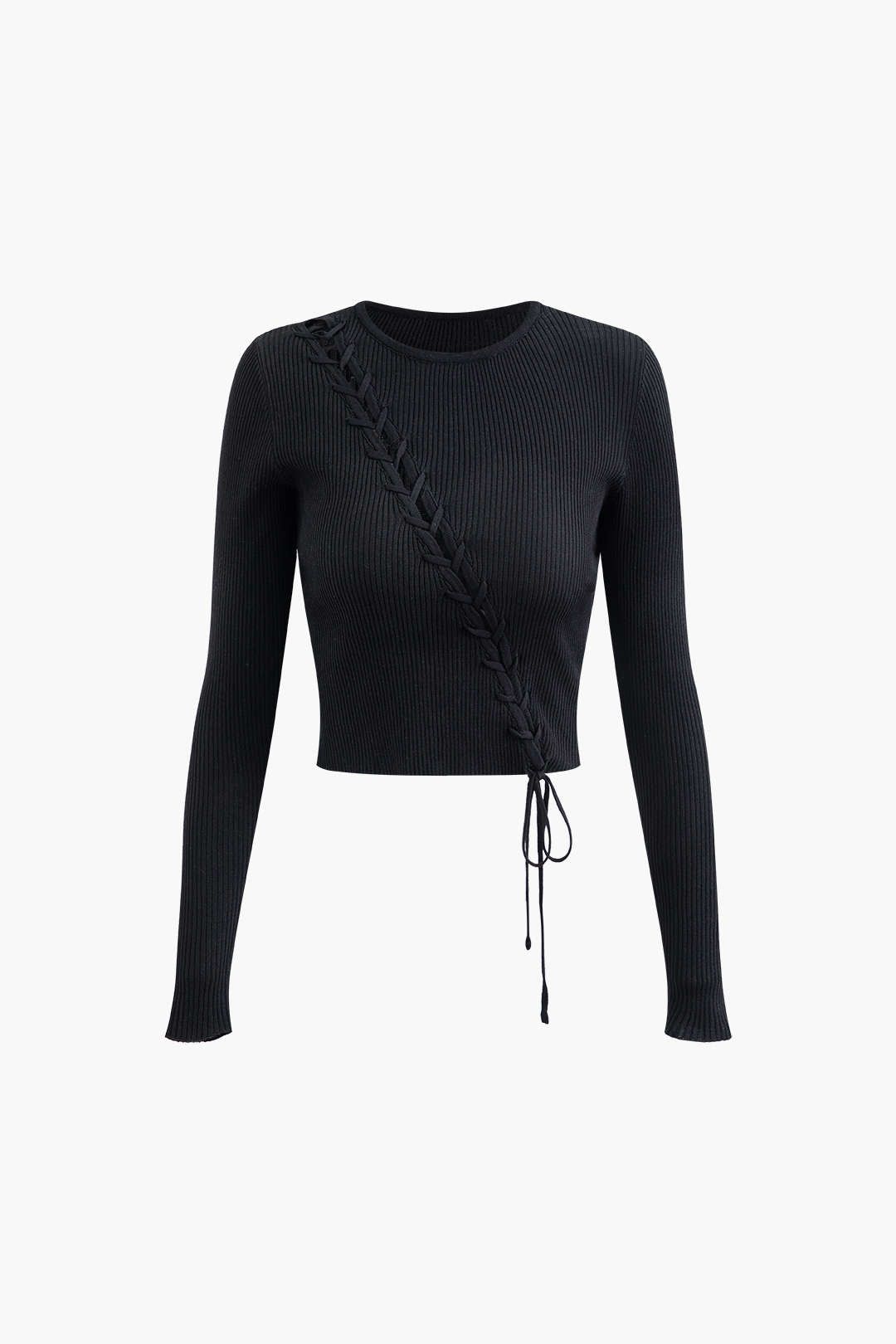 Solid Rib Knit Lace-up Long Sleeve Top sold by Micas