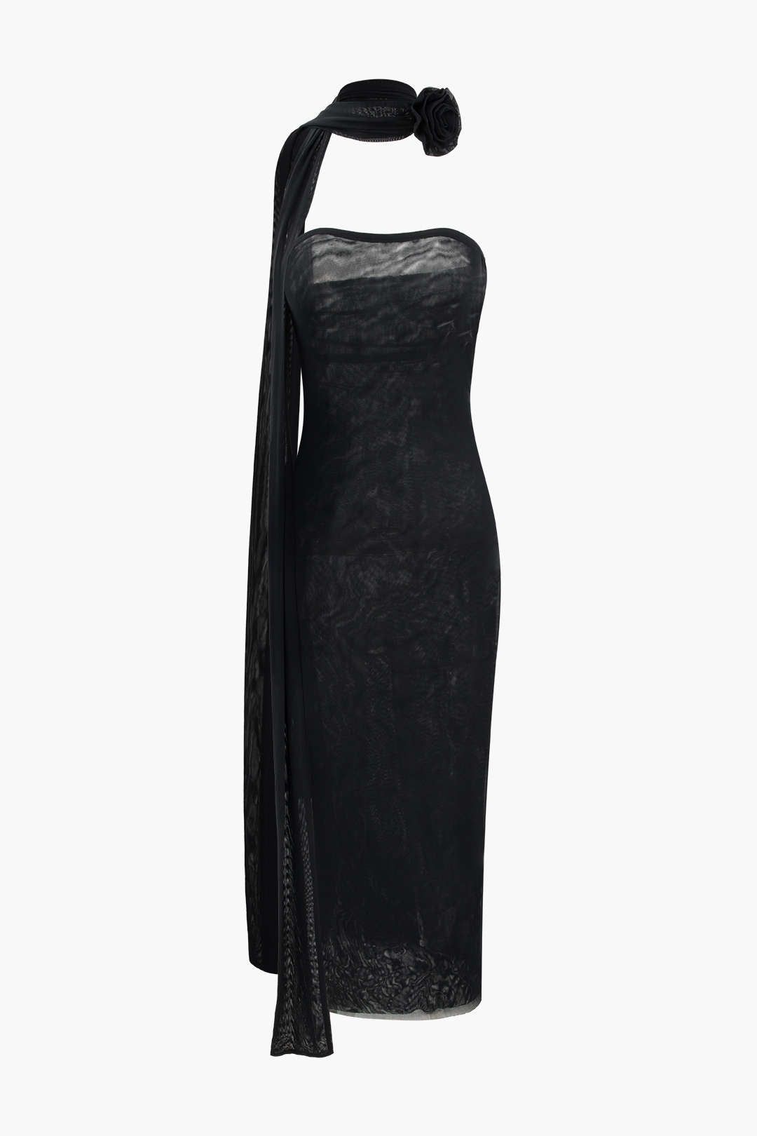 Mesh Strapless Midi Dress With Rose Neck Scarf sold by Micas