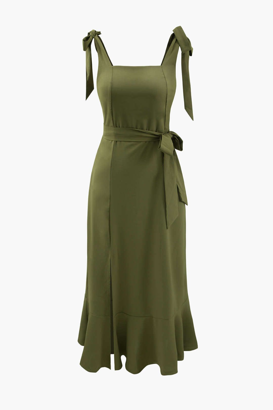 Tie Strap Belted Ruffle Hem Slit Maxi Dress sold by Micas