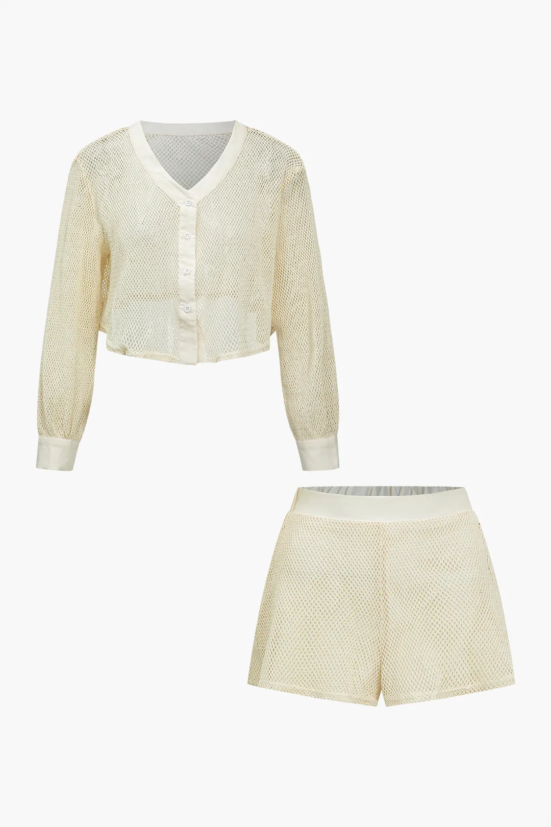 Basic Solid Open Knit V-Neck Long Sleeves Top And Shorts Set sold by Micas