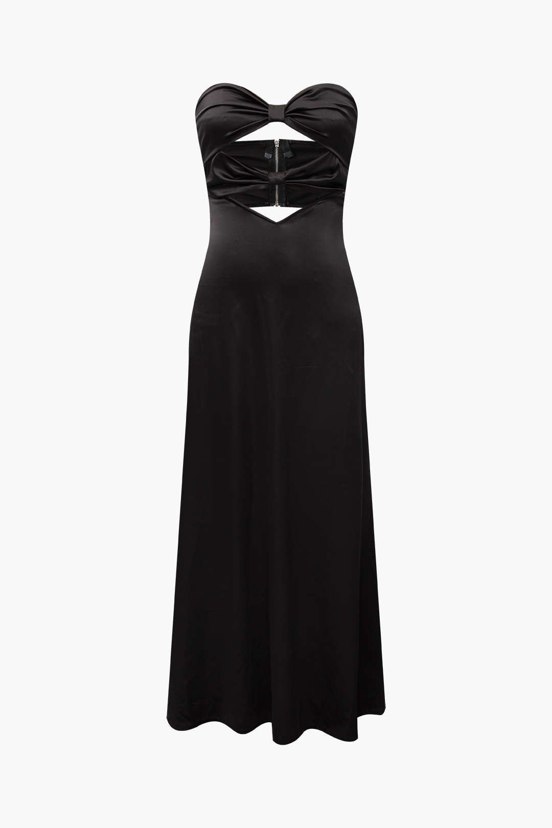 Knot Front Cut Out Satin Strapless Maxi Dress sold by Micas