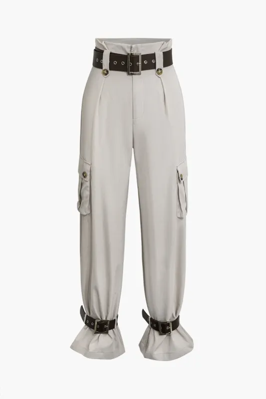 Solid Button Pocket And Belted Detail Trousers sold by Micas