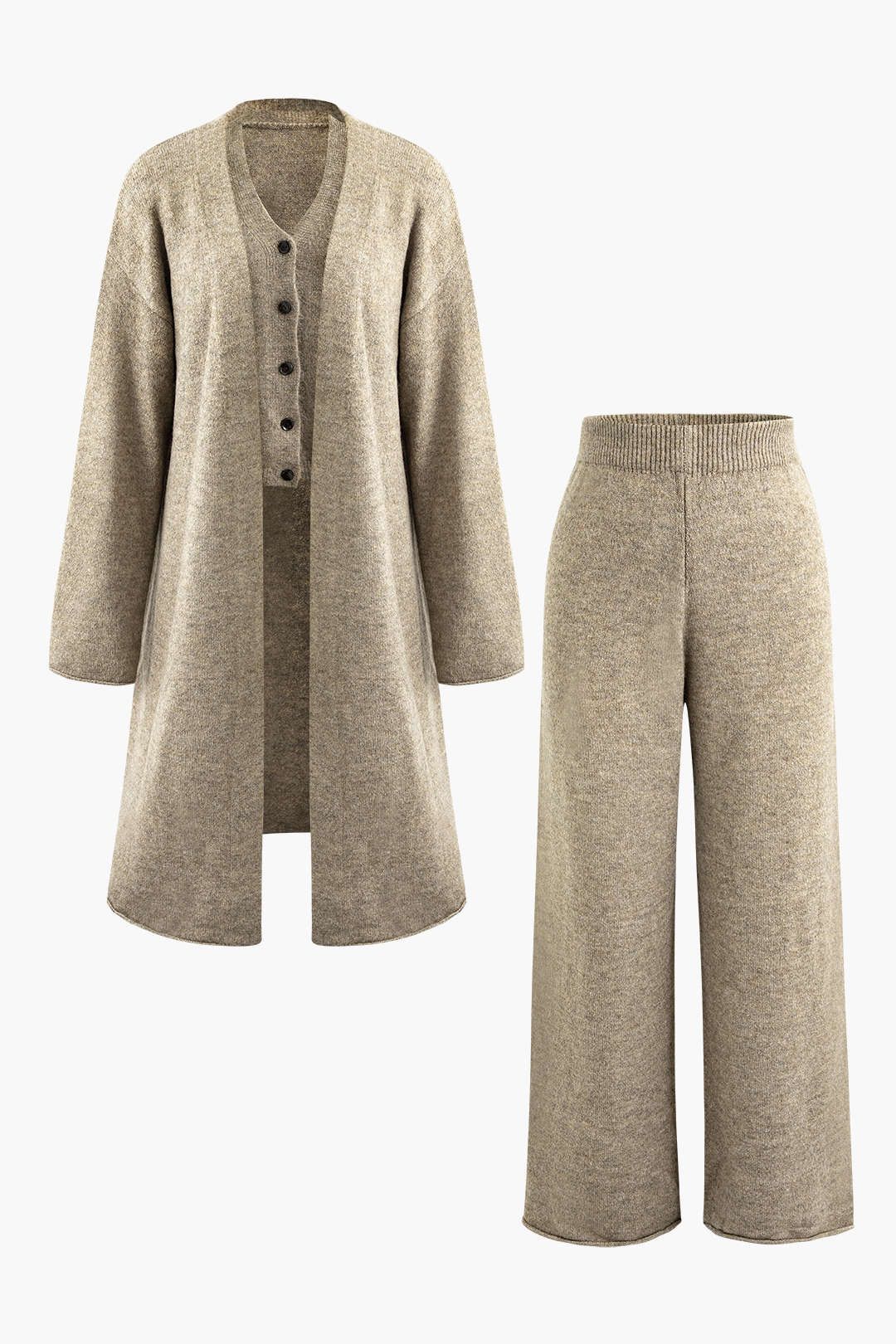 Knit Button Up Vest And Cardigan And Straight Leg Pants Set sold by Micas