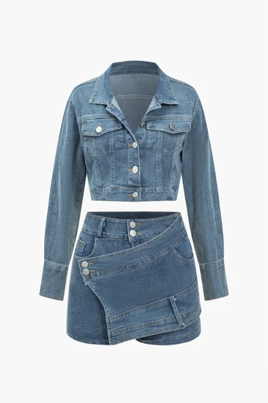 Solid Denim Button Jacket And Asymmetrical Mini Skirt Set sold by Micas