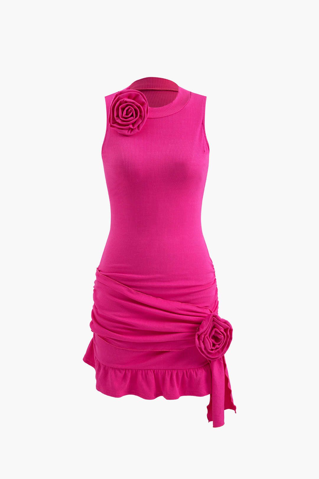 Rose Corsage Rib Knit Ruffle Hem Mini Dress sold by Micas