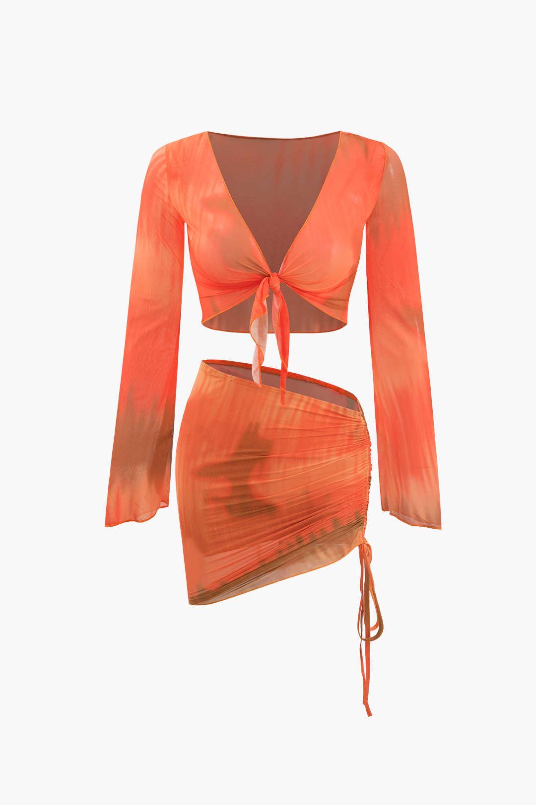 Tie Dye Mesh Knot Front Top And Asymmetric Mini Skirt Set sold by Micas