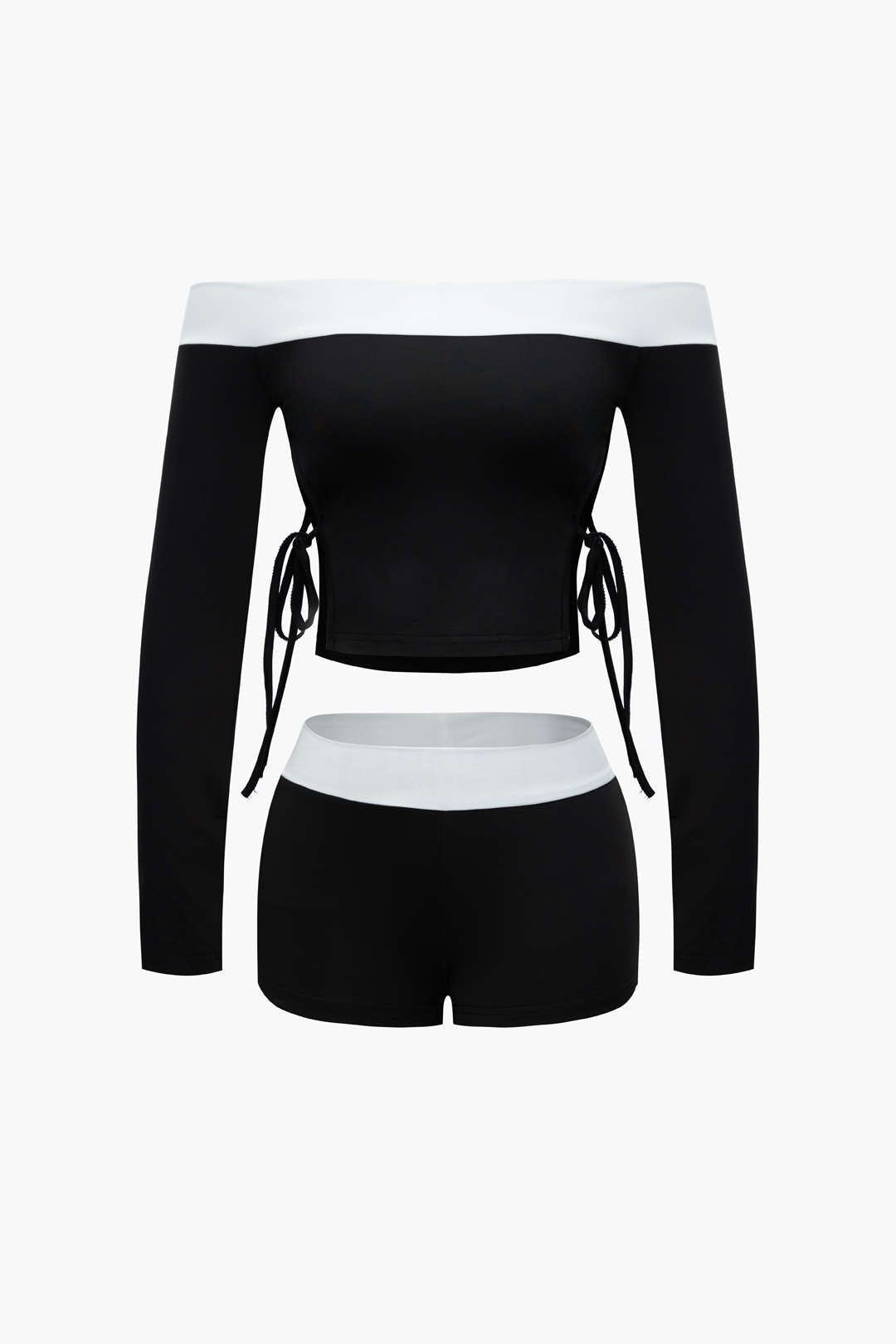 Contrast Off Shoulder Tie Side Long Sleeve Top And Shorts Set sold by Micas