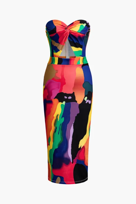 Abstract Print Cut Out Twisted Strapless Midi Dress sold by Micas