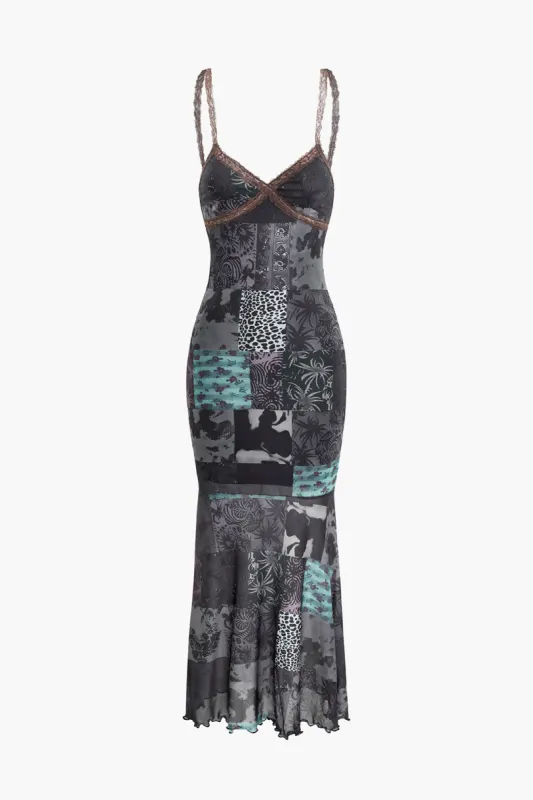 Lace Patchwork V-Neck Spaghetti Strap Mesh Maxi Dress sold by Micas