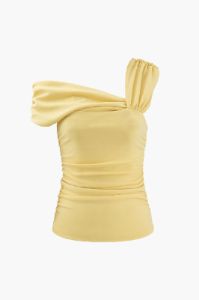 Asymmetric Shoulder Ruched Top sold by Micas