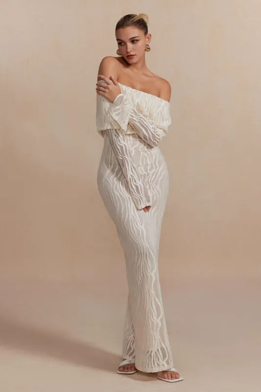 Off Shoulder Contrast Mesh Maxi Dress sold by Micas