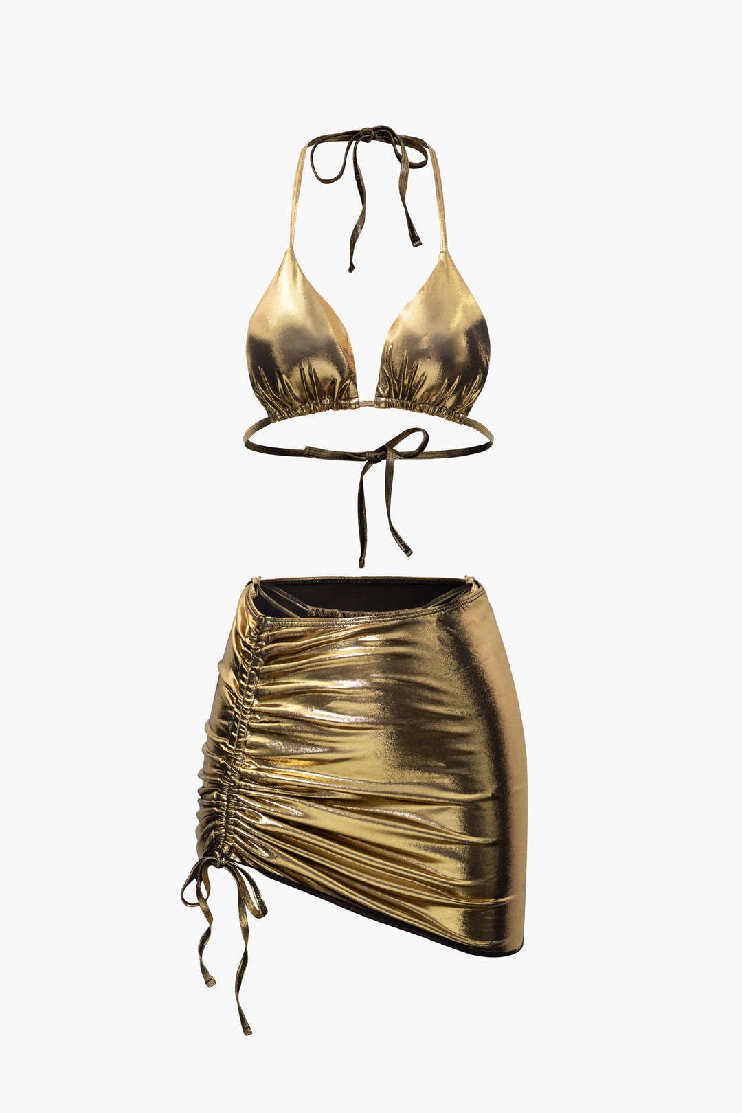 Metallic Tie Bikini And Drawstring Cover-up Skirt Set sold by Micas