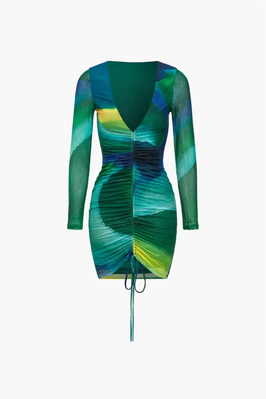 Color Block Print Contrast Mesh Drawstring Mini Dress sold by Micas