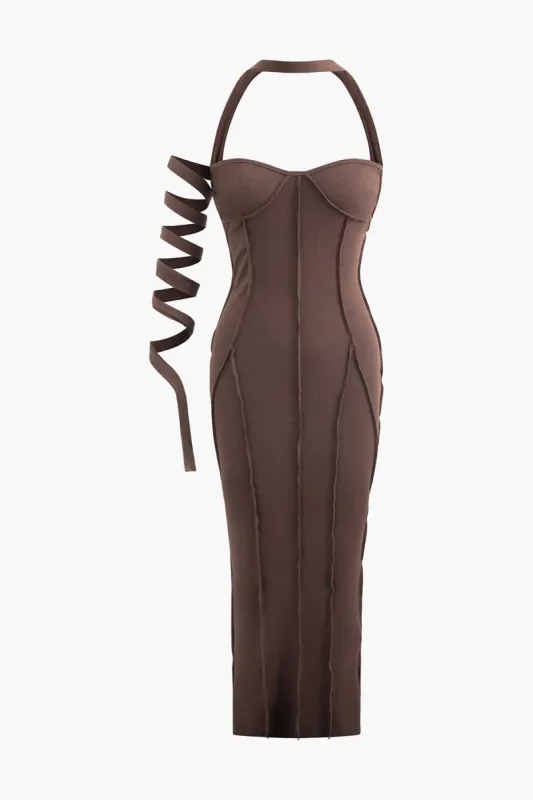 Halter Backless Rib Knit Seam Detail Maxi Dress sold by Micas