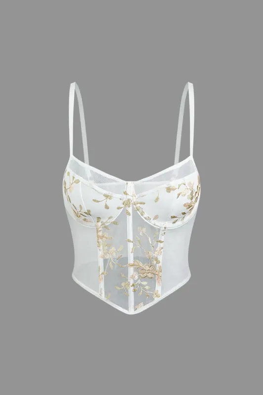 Flower Embroidery Sheer Mesh Corset Top sold by Micas