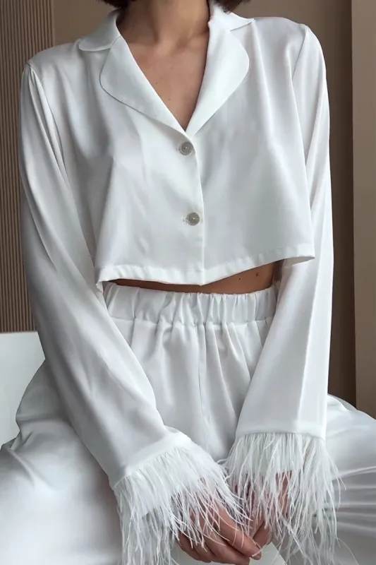 V-neck Satin Feather Cuffs Crop Shirt And Pants Set sold by Micas