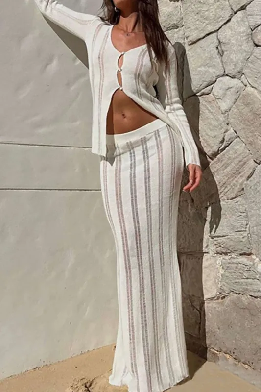 Open Knit Button Long Sleeve Top And Maxi Skirt Set sold by Micas