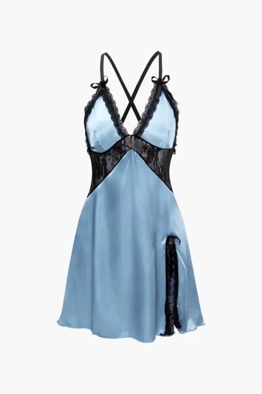 V-neck Cross Back Lace Paneled Satin Mini Dress sold by Micas