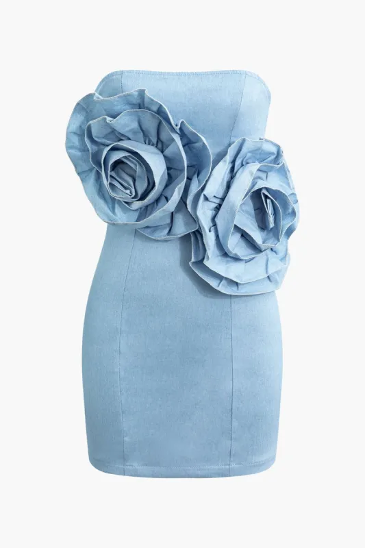 3D Flower Tie Zip Up Strapless Denim Mini Dress sold by Micas