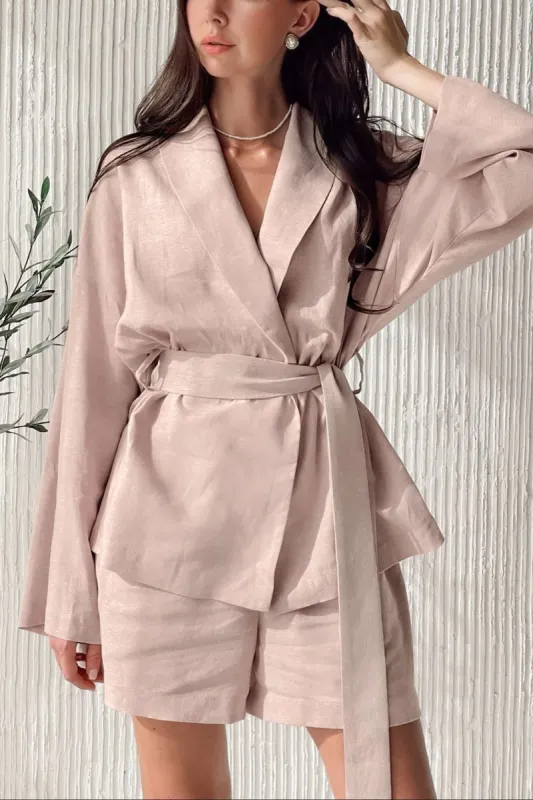 Solid Wrap Long Sleeve Shirt And Shorts Set sold by Micas