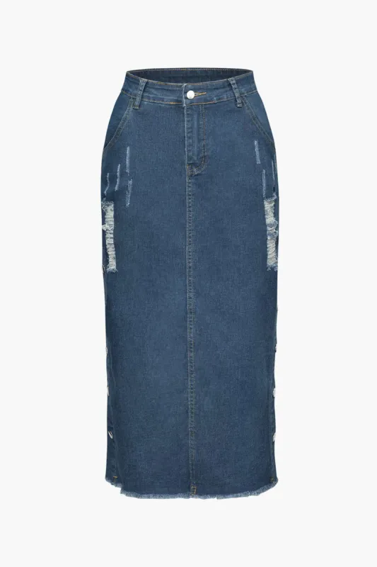 Denim Ripped Split Midi Skirt sold by Micas