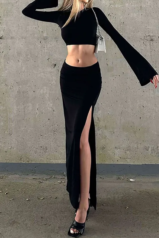 Solid Round Neck Bell Sleeve Top And High Waist Split Maxi Skirt Set sold by Micas