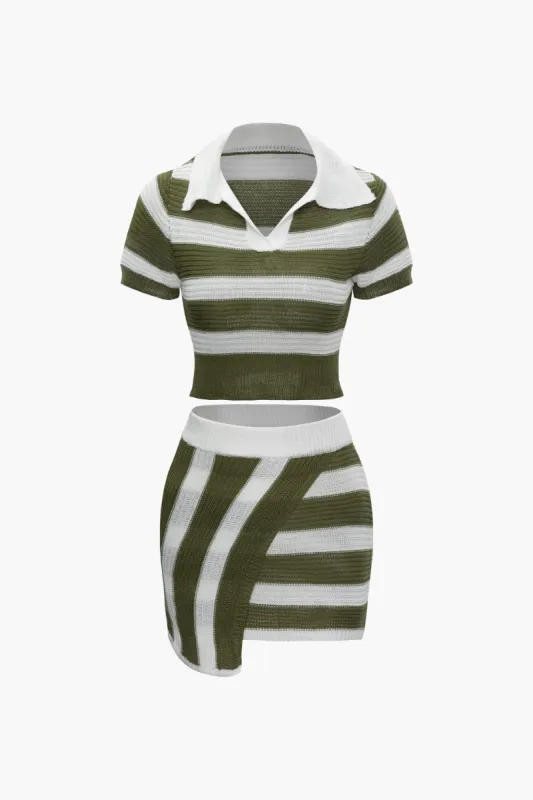 Stripe Open Collar Knit Crop Top And Wrap Knit Mini Skirt Set sold by Micas