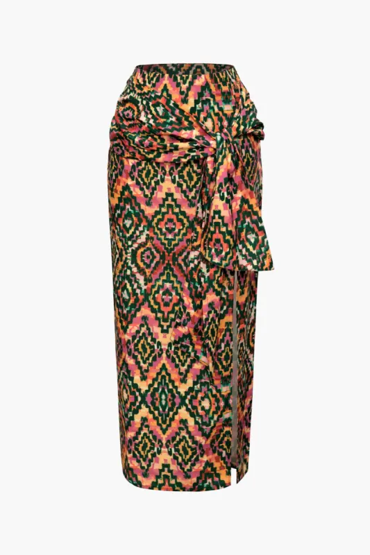 Geometric Print Knot Side Split Maxi Skirt made by Micas
