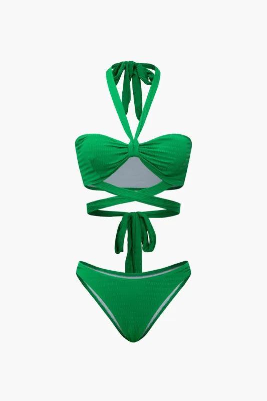 Textured Halter Tie Back Triangle Bikini Set sold by Micas