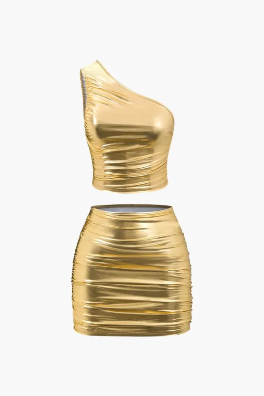 Metallic Ruched One Shoulder Tank Top And Mini Skirt Set sold by Micas