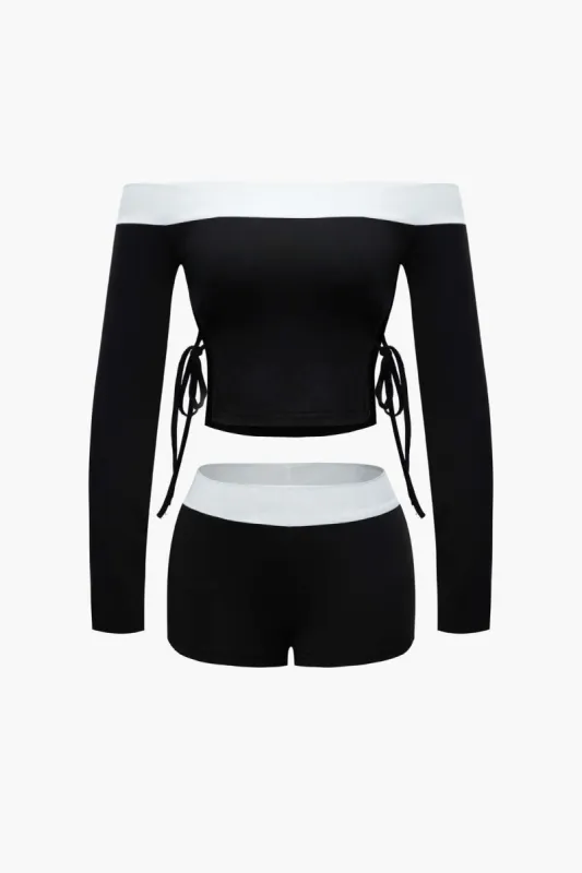 Contrast Off Shoulder Tie Side Long Sleeve Top And Shorts Set sold by Micas