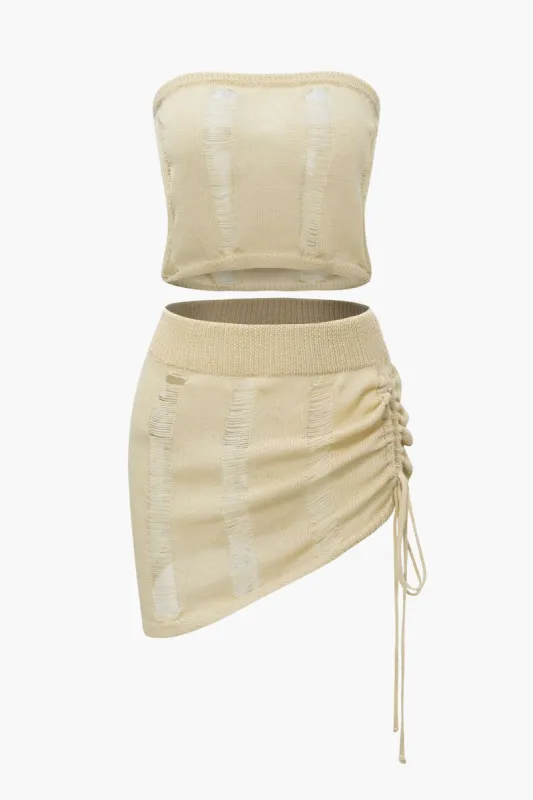 Ripped Knit Tube Top And Drawstring Mini Skirt Set sold by Micas