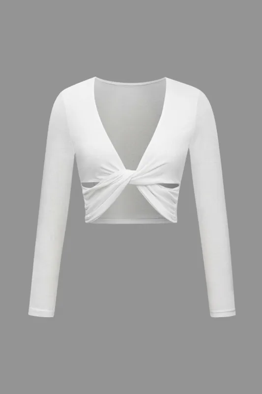 Solid V-neck Twisted Long Sleeve Top sold by Micas
