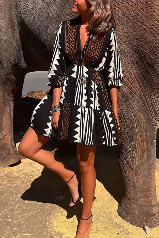 Geometric Print V-neck Long Sleeve Mini Dress made by Micas