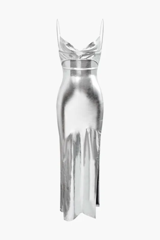 Metallic Cowl Neck Backless Slit Slip Maxi Dress sold by Micas