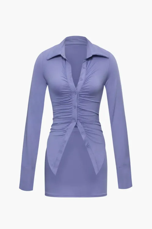 Collar Ruched Long Sleeve Shirt And Mini Skirt Set sold by Micas