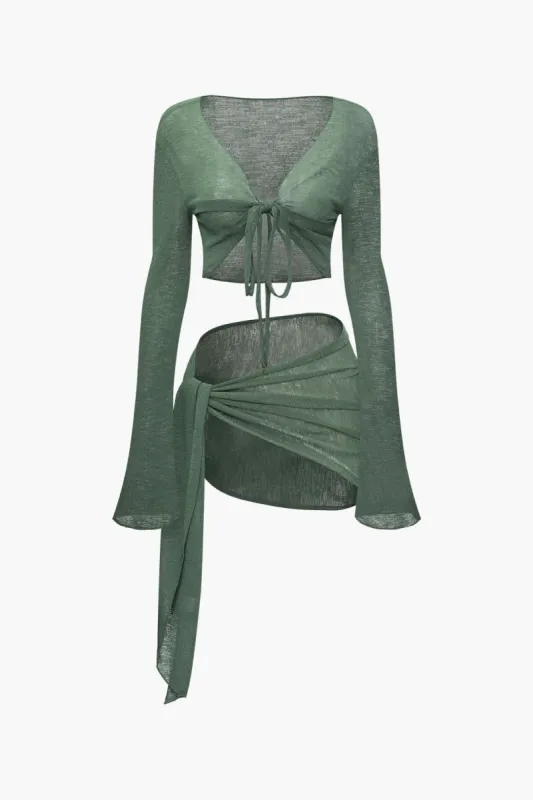 Sheer Mesh Knot Front Crop Top And Waist Sarong Skirt Set sold by Micas