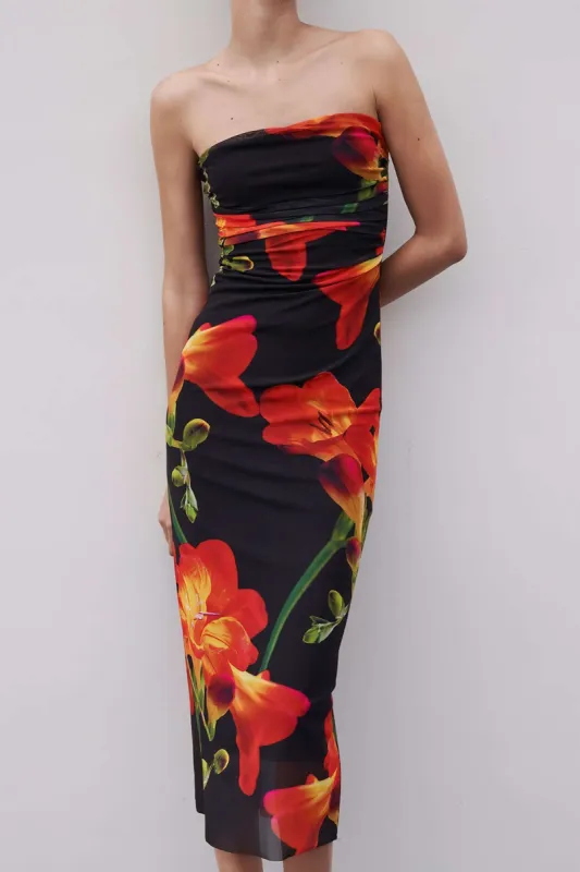 Floral Strapless Ruched Mesh Maxi Dress sold by Micas