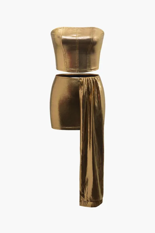 Metallic Tube Top And Asymmetric Mini Skirt Set sold by Micas