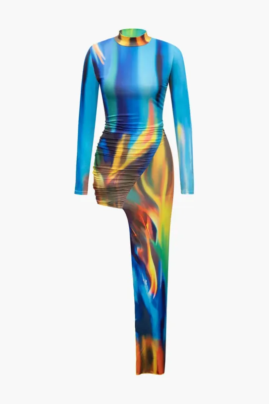 Abstract Print Asymmetrical Long Sleeve Mini Dress sold by Micas