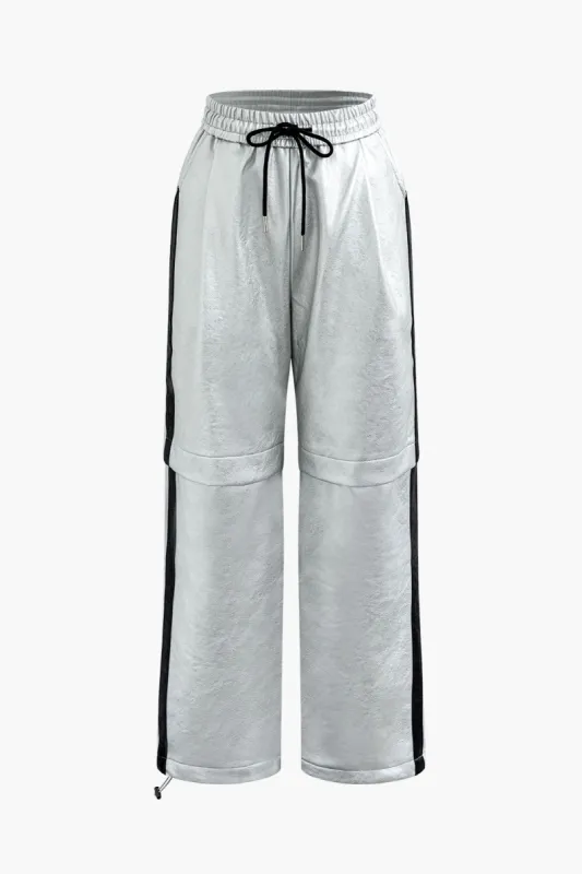 Side Stripe Faux Leather Drawstring Straight Leg Pants sold by Micas
