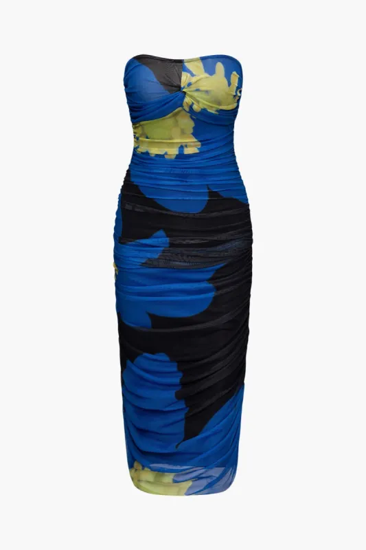 Printed Mesh Ruched Strapless Maxi Dress sold by Micas