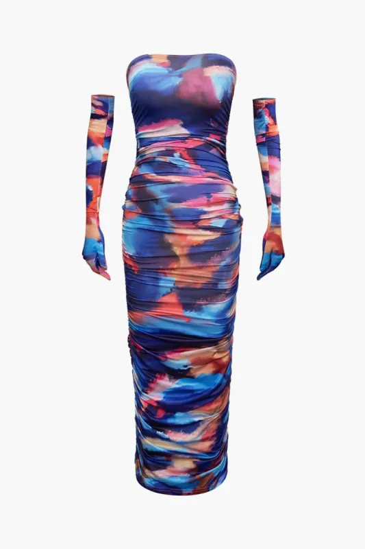 Tie Dye Strapless Ruched Maxi Dress With Gloves made by Micas