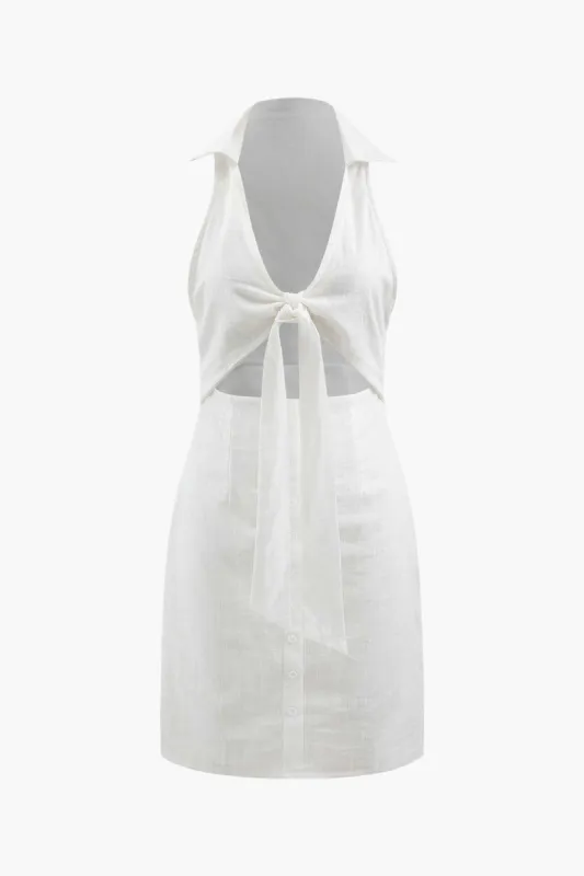 Linen Open Collar Knot Front Mini Dress sold by Micas
